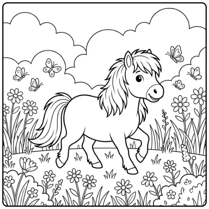 Cute Shetland Pony in the Meadow coloring page