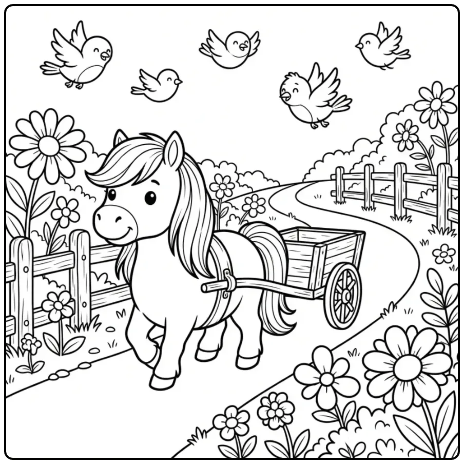 Cute Shetland Pony Pulling a Small Cart coloring page