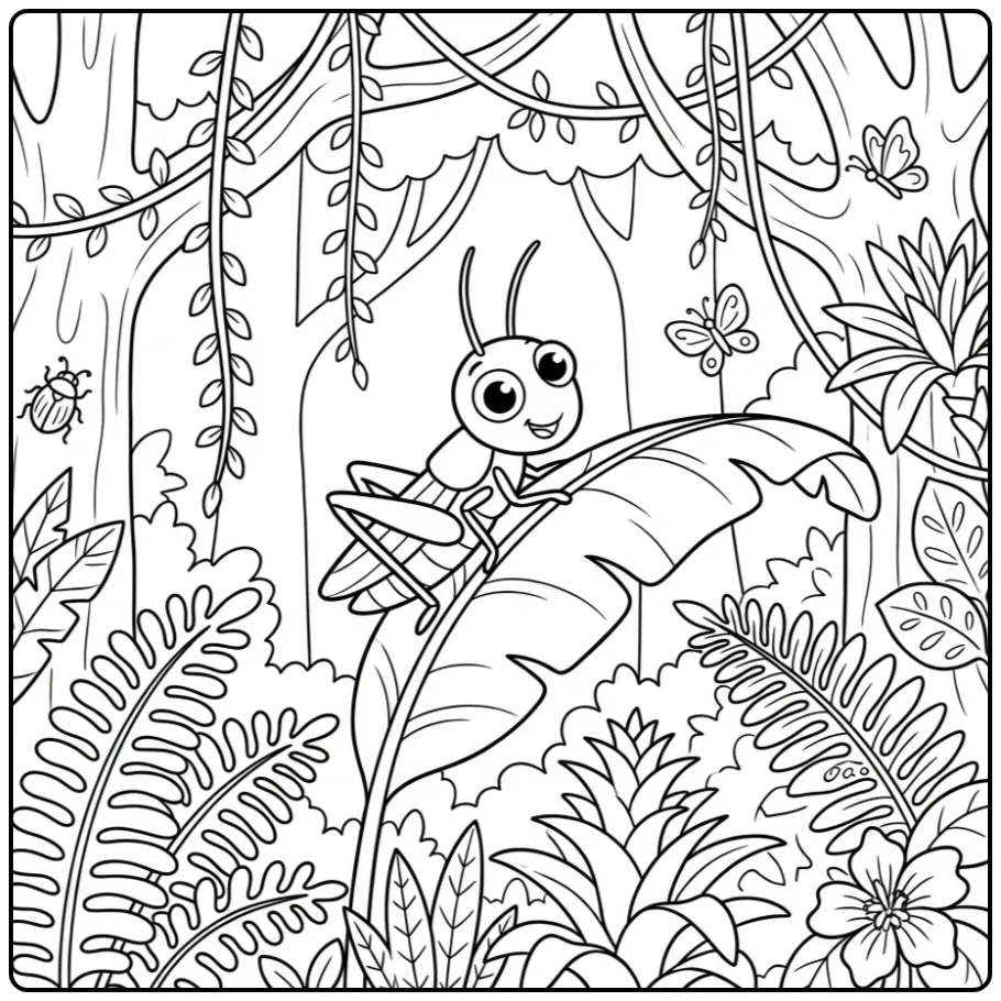 Grasshopper coloring page featuring a grasshopper on a jungle leaf