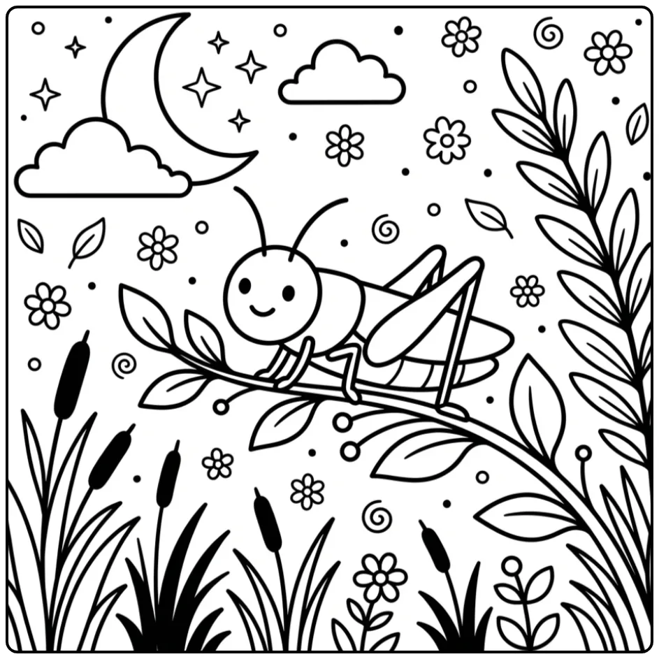 Grasshopper coloring page showing a grasshopper at night
