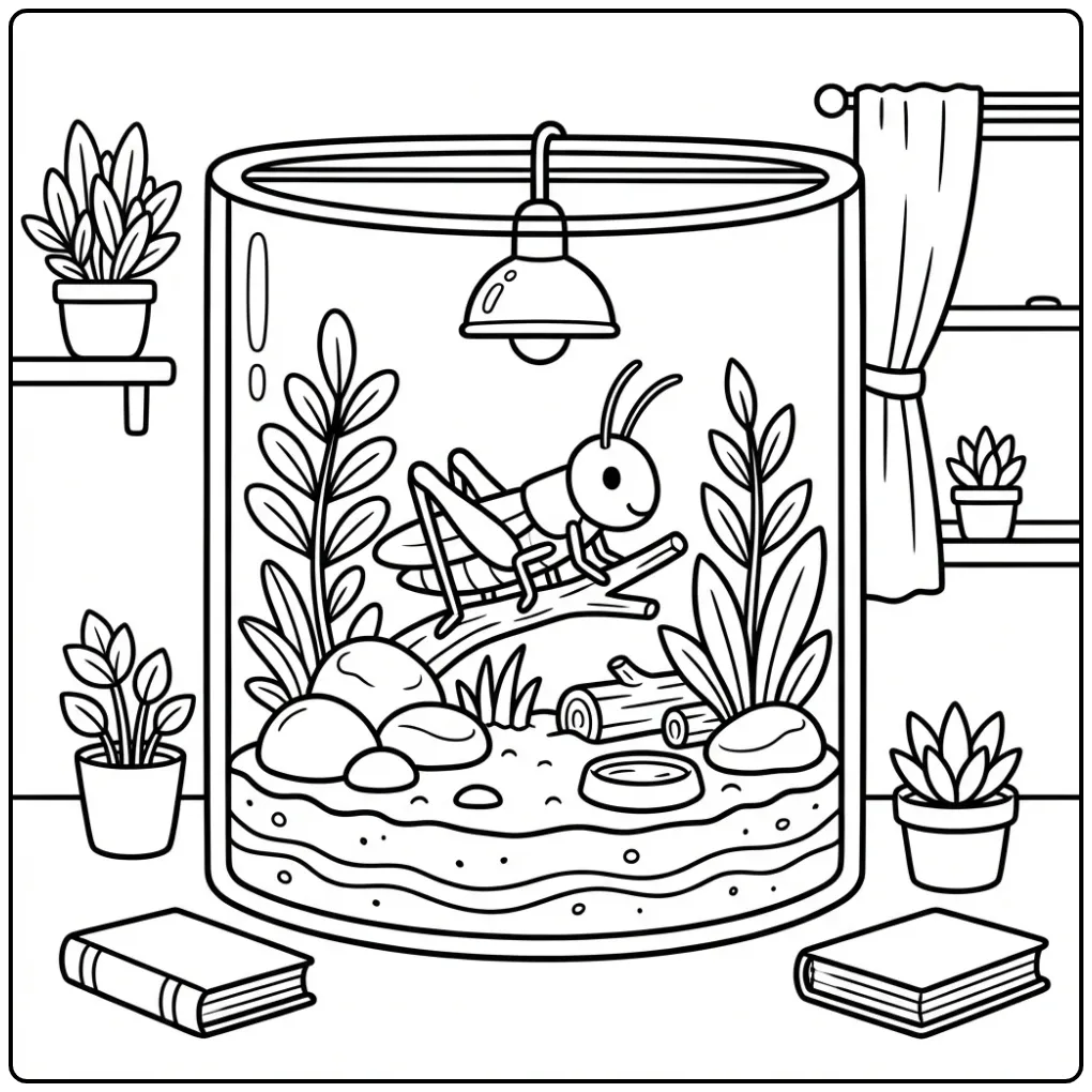 Grasshopper coloring page showing a grasshopper in a terrarium