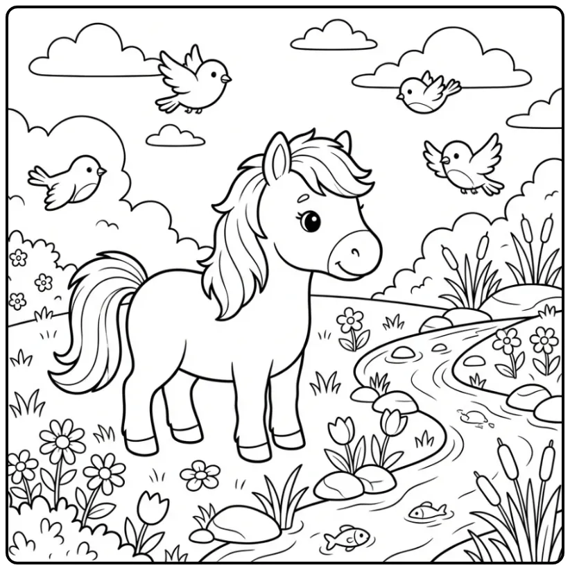 Cute Foal with the Stream coloring page