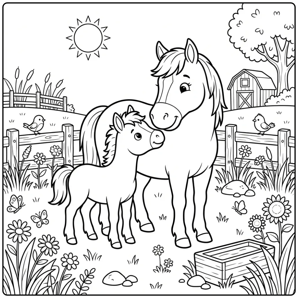 Cute Foal with Mother in the Meadow coloring page