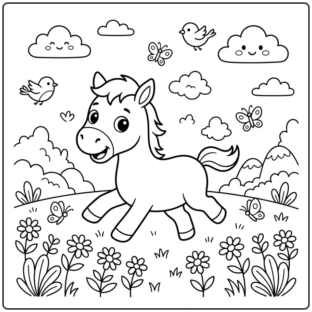 Cute Foal Playing in the Meadow with Butterflies coloring page