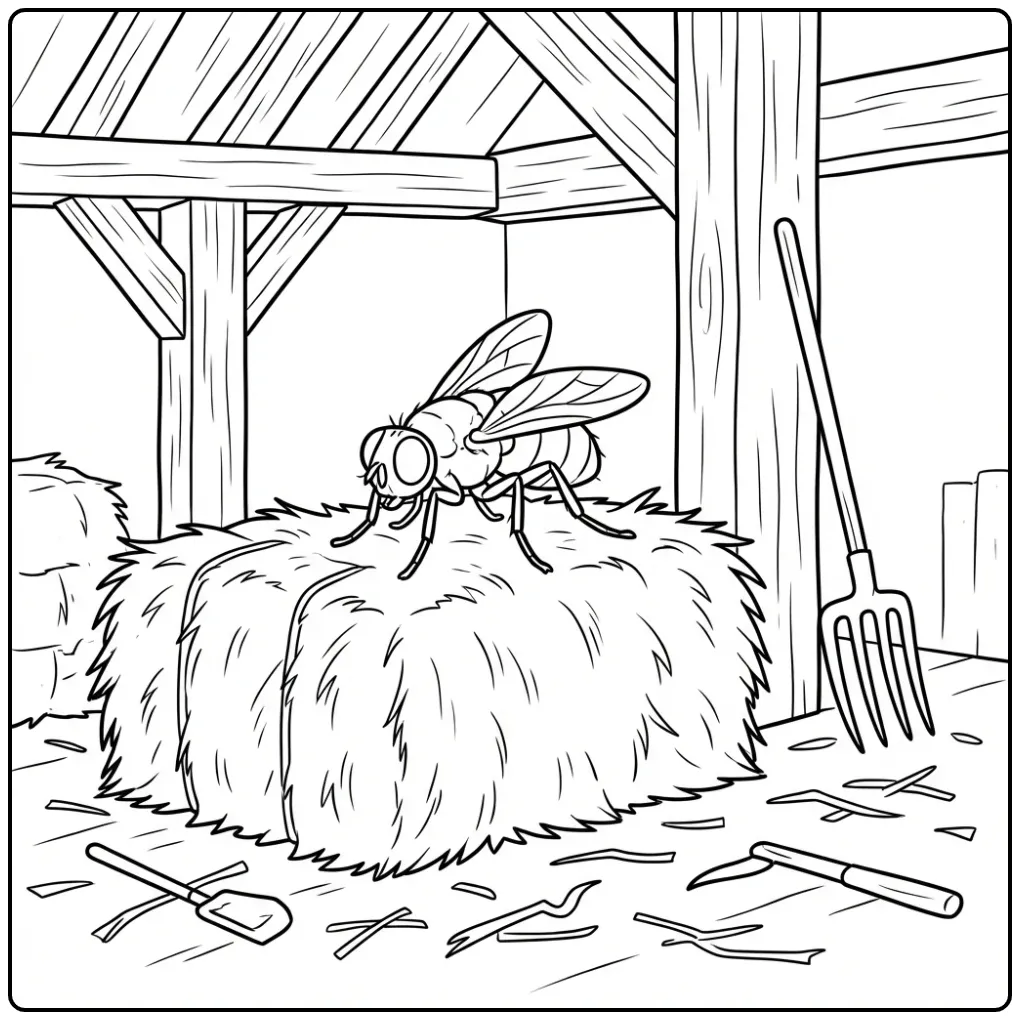 Fly coloring page featuring a fly on hay in a barn