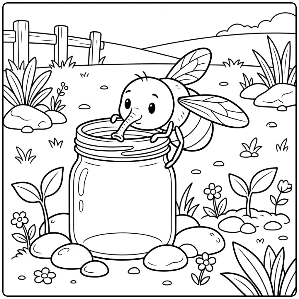 Fly coloring page featuring a fly on the rim of a jar