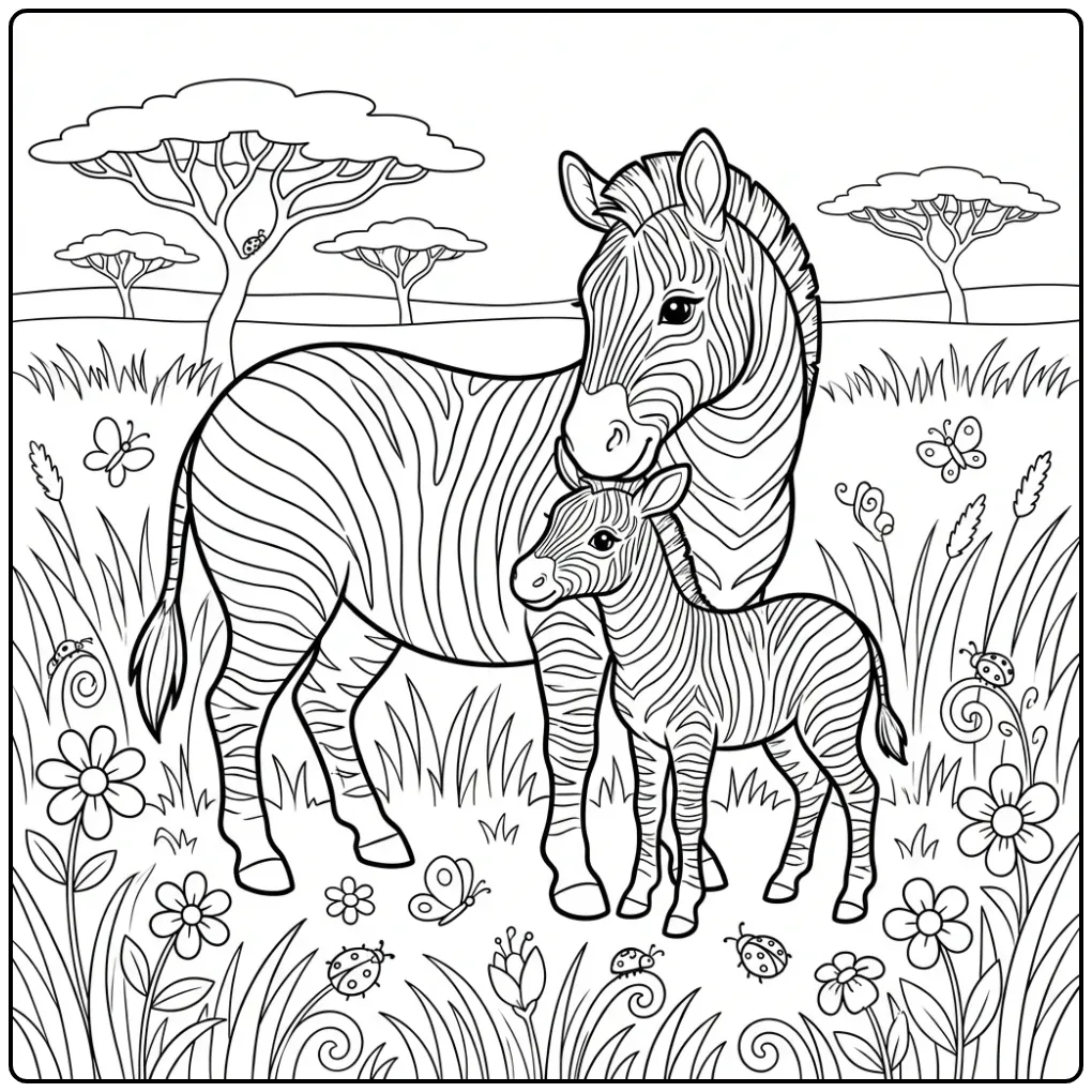 Cute Zebra with Mother and Foal coloring page