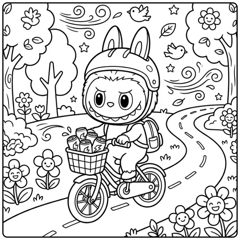 Cute Labubu Big Into Energy on a Bicycle coloring page
