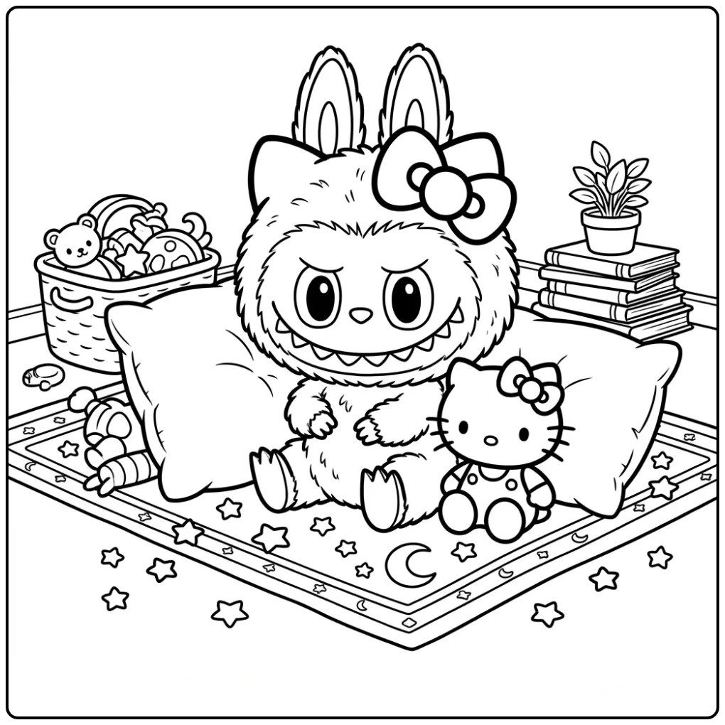 Labubu and Hello Kitty coloring page