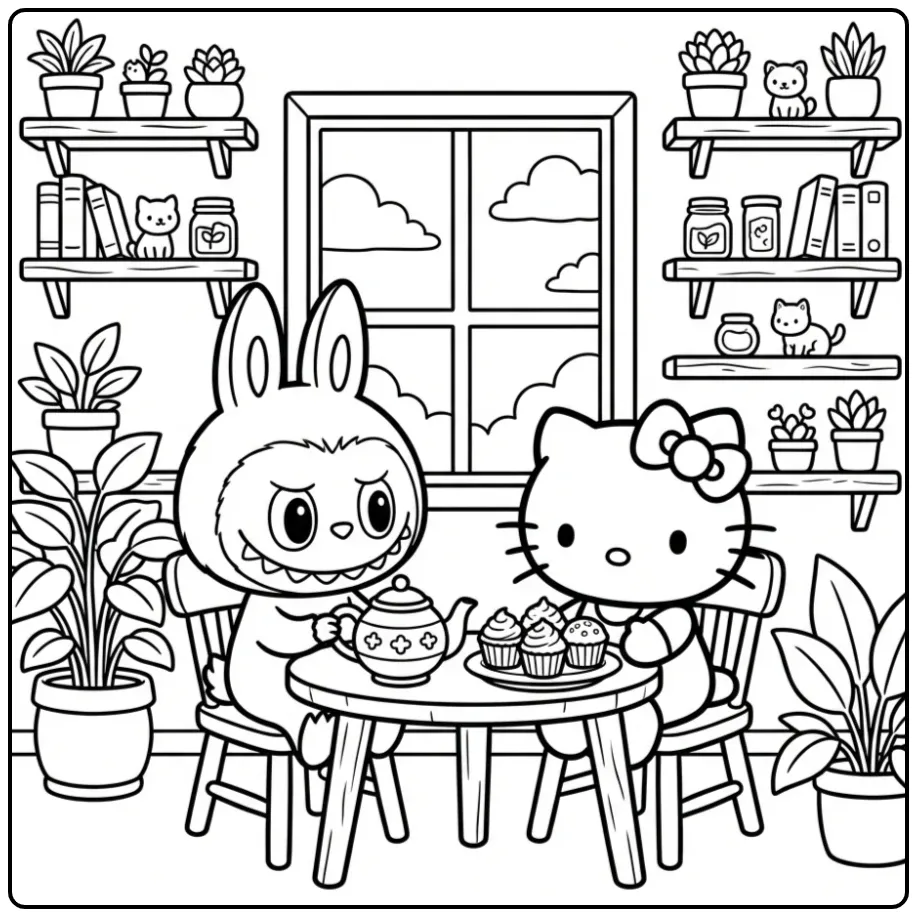 Cute Labubu and Hello Kitty with Cupcakes coloring page