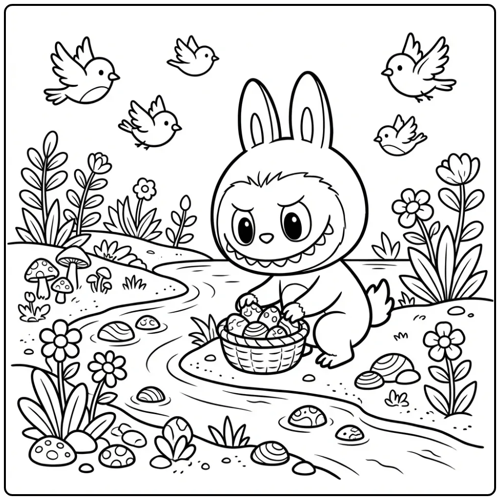 Cute Labubu by the Riverbank coloring page