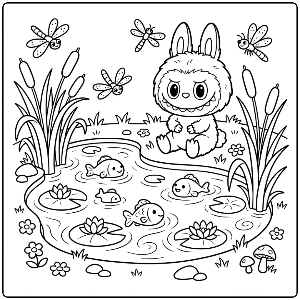 Cute Labubu by the Pond with Lilies coloring page