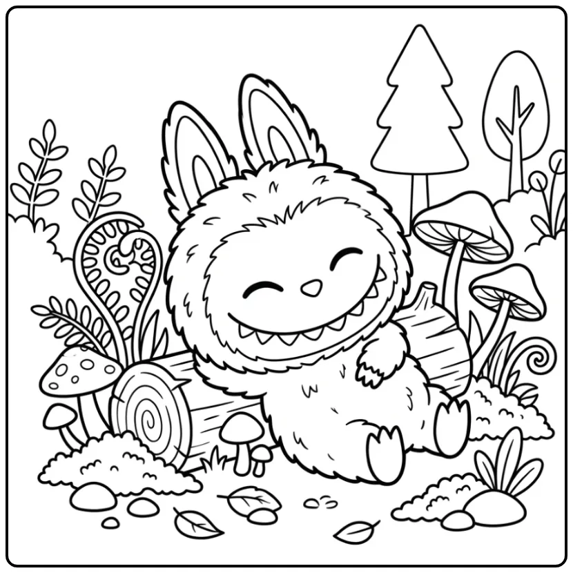 Cute Labubu with a Tree Trunk coloring page