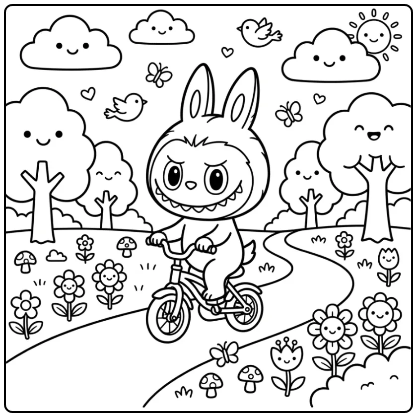 Cute Labubu Riding a Bicycle Along Trees and Flowers coloring page