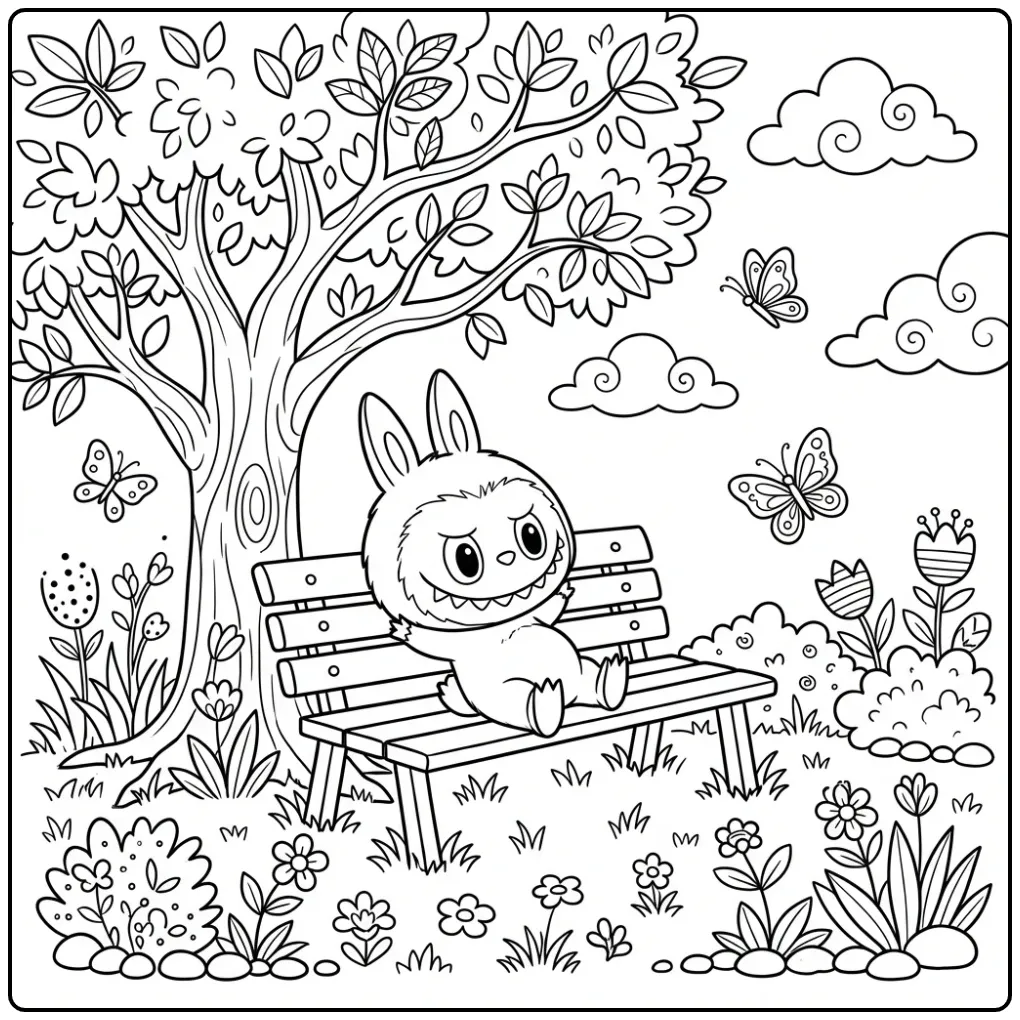 Cute Labubu Have a Seat in Nature coloring page