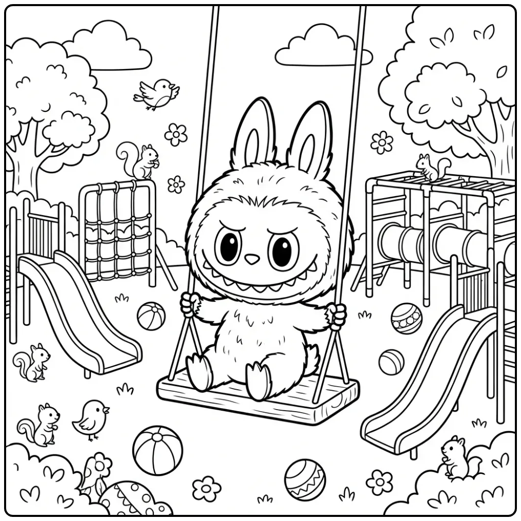 Cute Labubu Have a Seat in the Playground coloring page