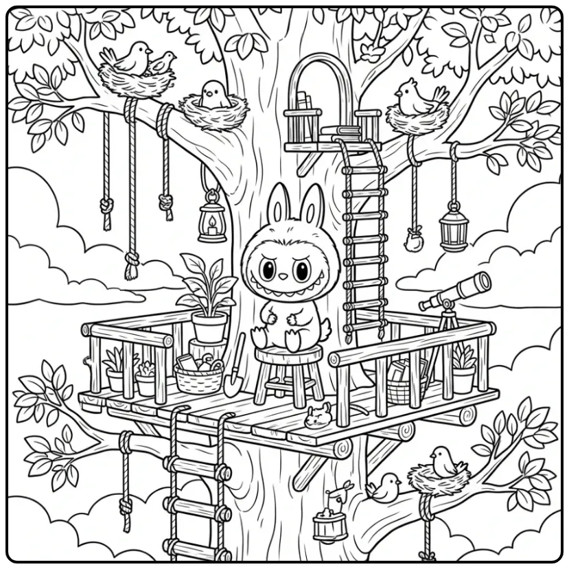 Cute Labubu Have a Seat on the Balcony coloring page