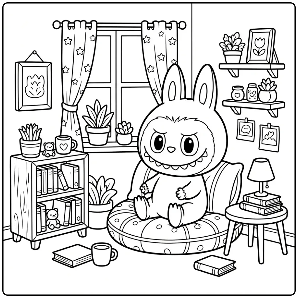 Cute Labubu Have a Seat on a Pillow coloring page
