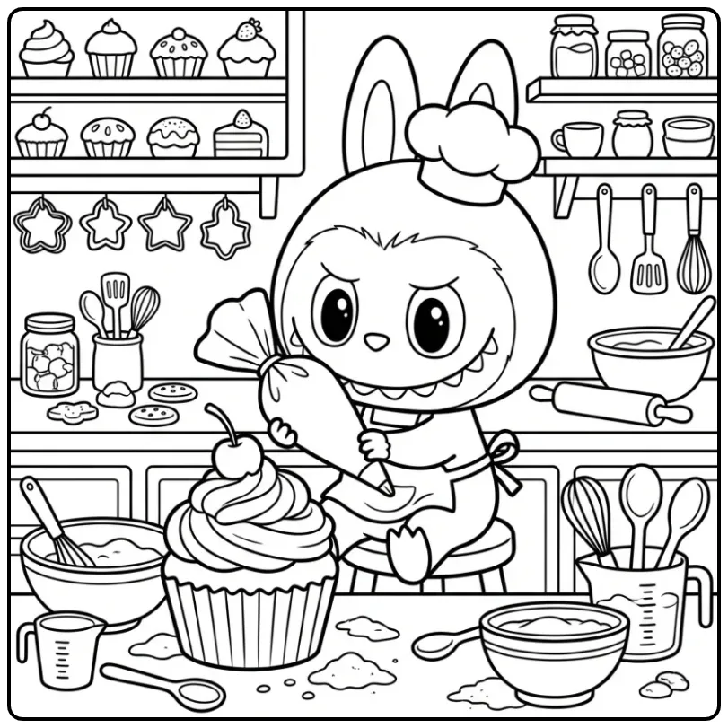 Cute Labubu in the Bakery with Cupcake coloring page