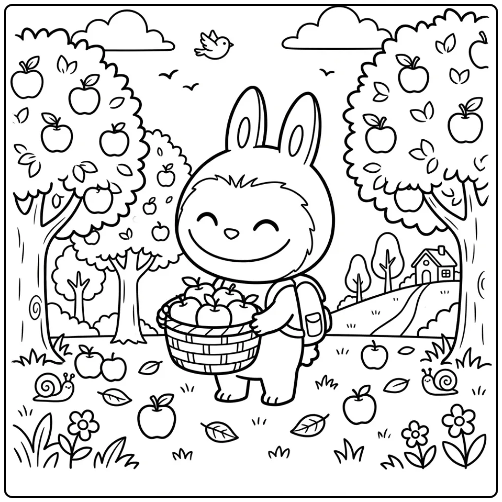 Cute Labubu in an Apple Orchard coloring page