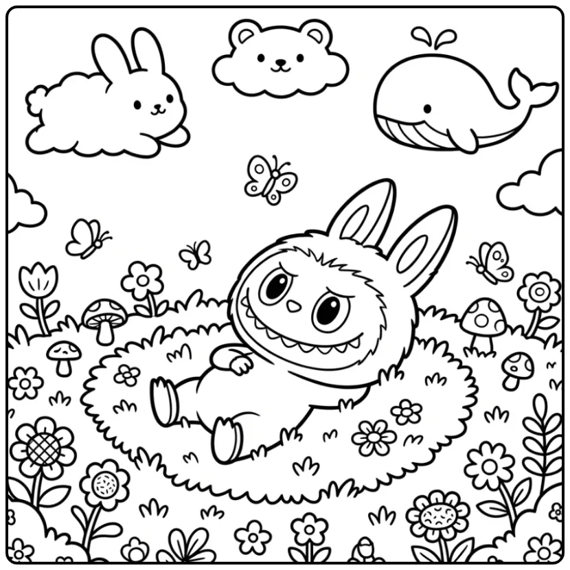 Cute Labubu in a Meadow with Clouds coloring page