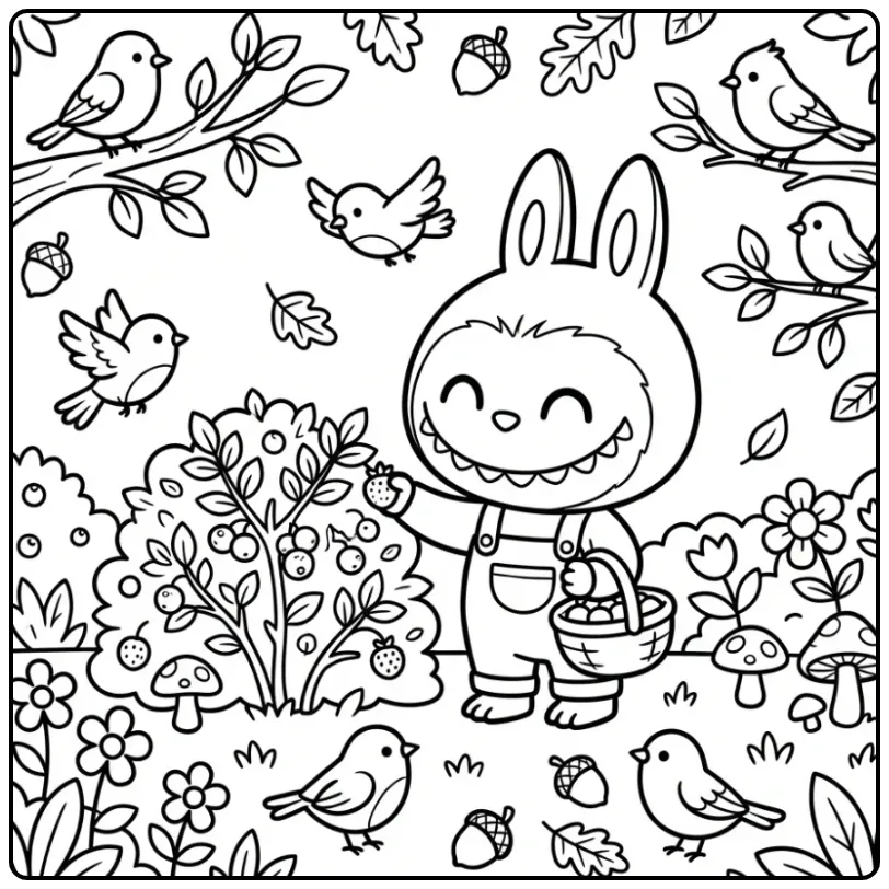 Cute Labubu Picking Berries in the Forest coloring page