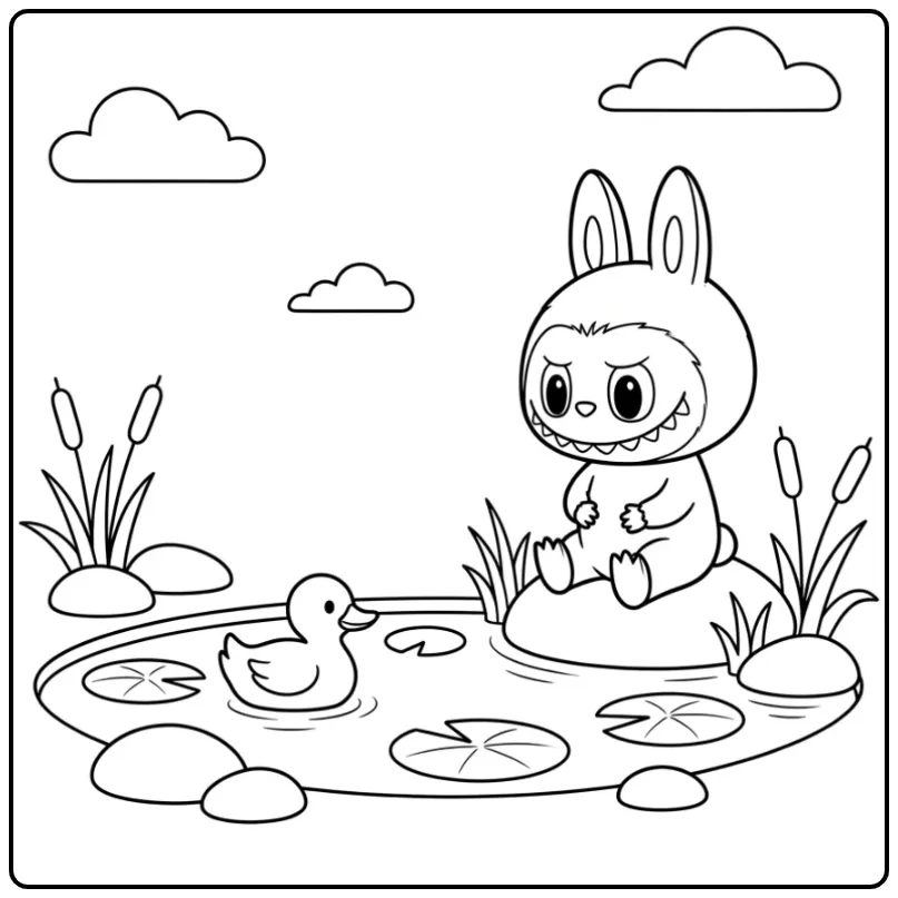 Cute Easy Labubu by the Pond coloring page