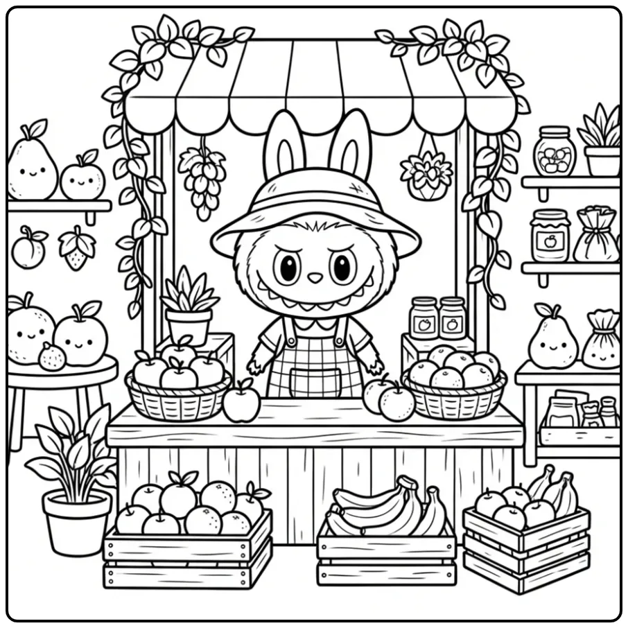 Cute Labubu in Clothes by a Fruit Stand coloring page