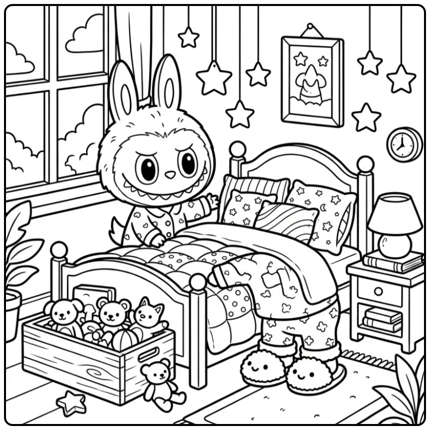 Cute Labubu in Pajamas coloring page