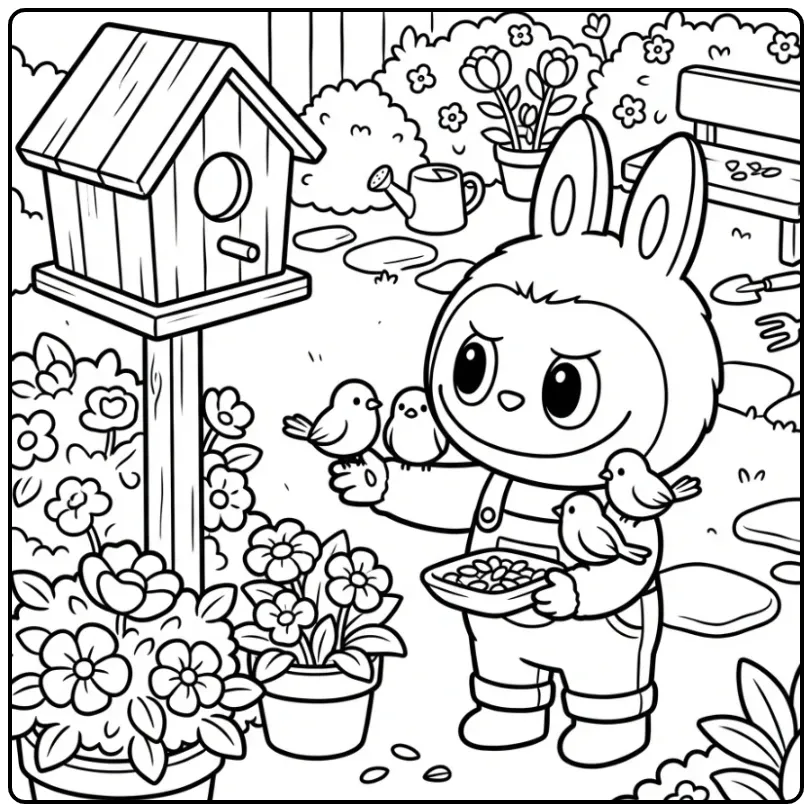 Cute Labubu Birdhouse and Flowers coloring page