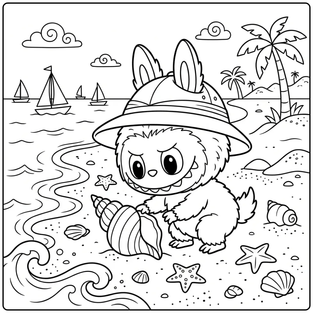 Cute Labubu with a Seashell coloring page
