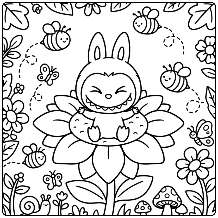 Cute Labubu with a Sunflower and Bees coloring page