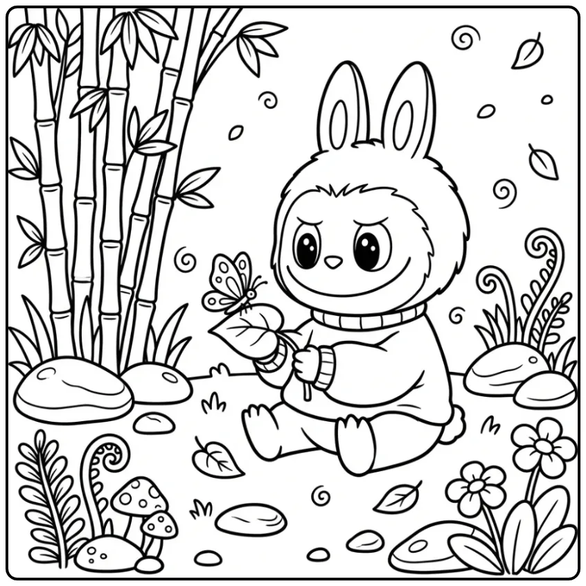 Cute Labubu Sitting with Bamboo and Butterfly coloring page