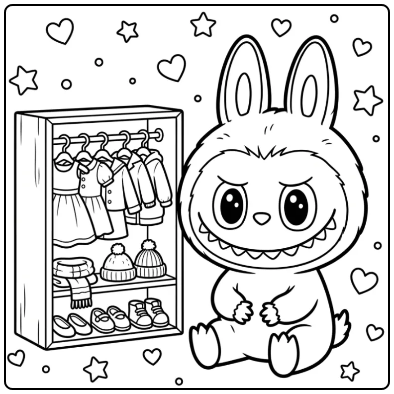 Cute Labubu Pop with a Wardrobe and Fashion Accessories coloring page