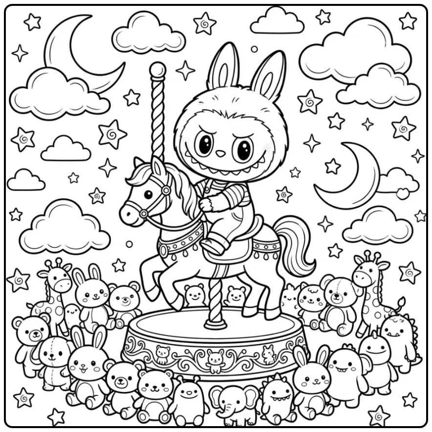 Cute Labubu Pop on a Carousel coloring page