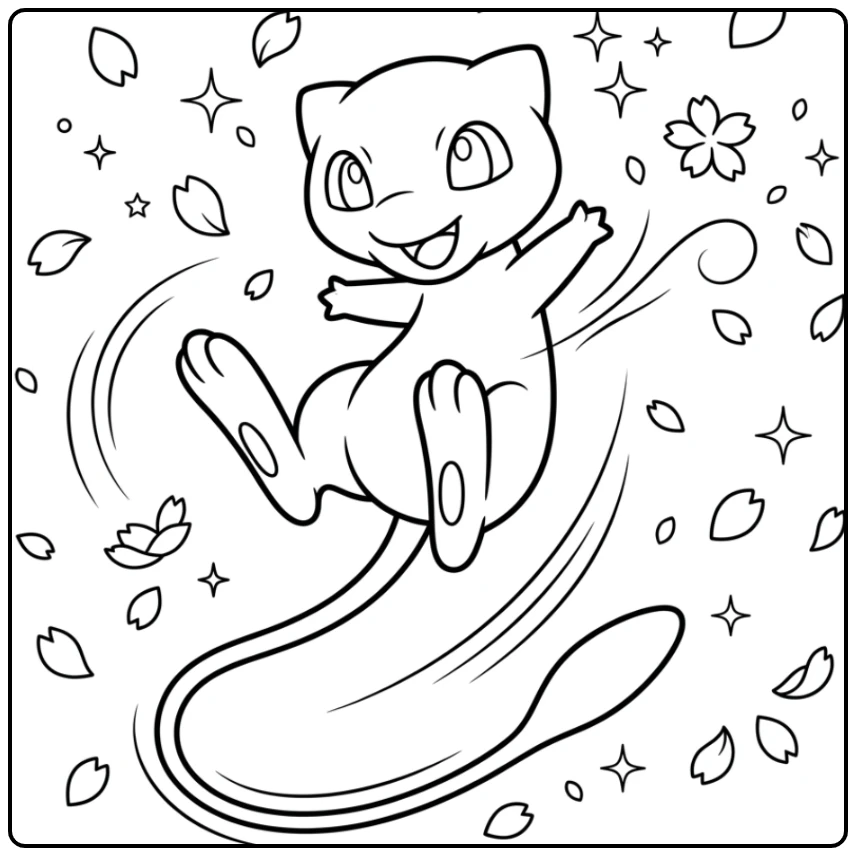Cute Mew Drifting Petals coloring page