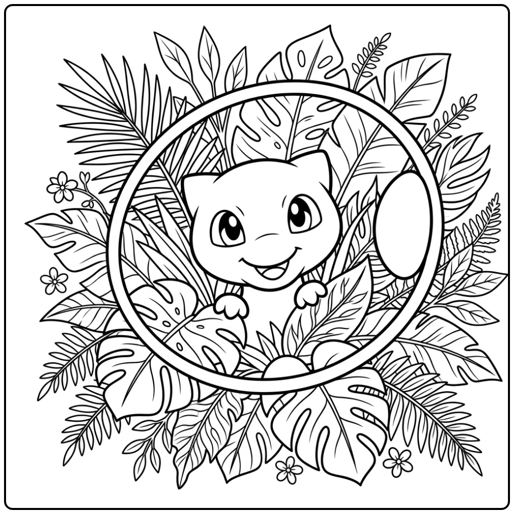 Cute Mew with Big Tropical Leaves coloring page