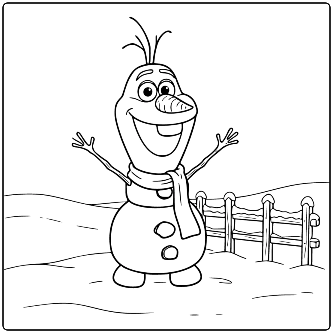 Olaf coloring page with a cheerful winter scene