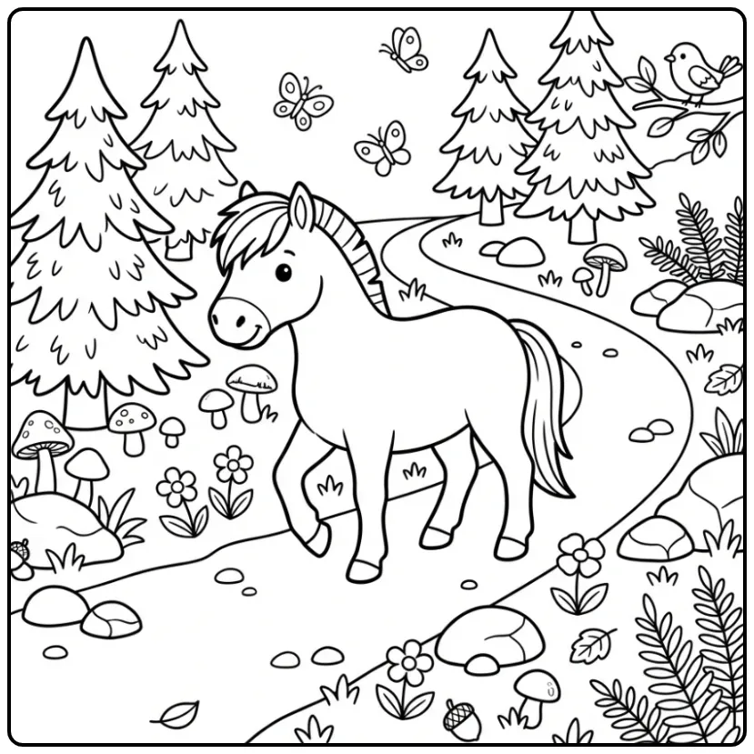 Cute Fjord Horse on a Forest Path coloring page