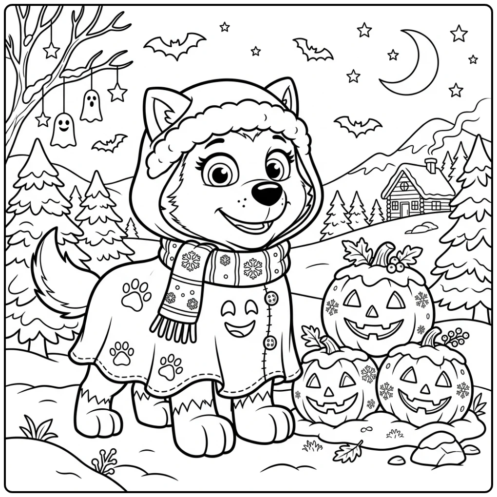 Cute Paw Patrol Halloween Everest as Winter Ghost coloring page