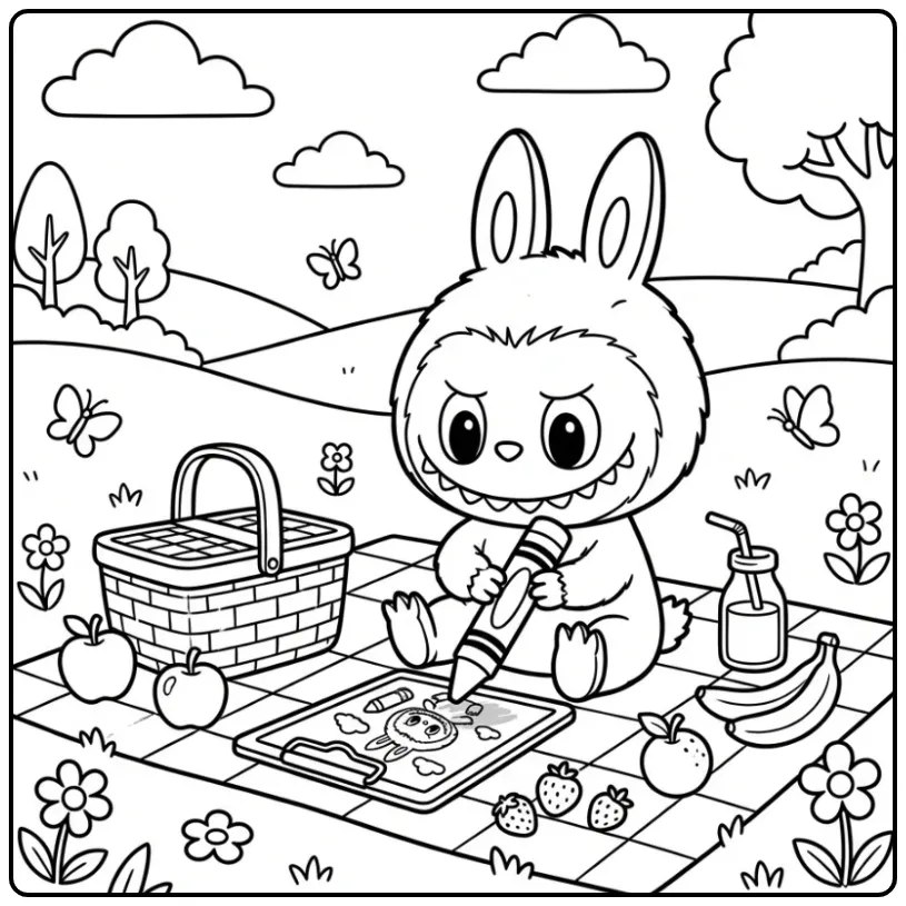 Cute Baby Labubu Picnic with Fruit coloring page