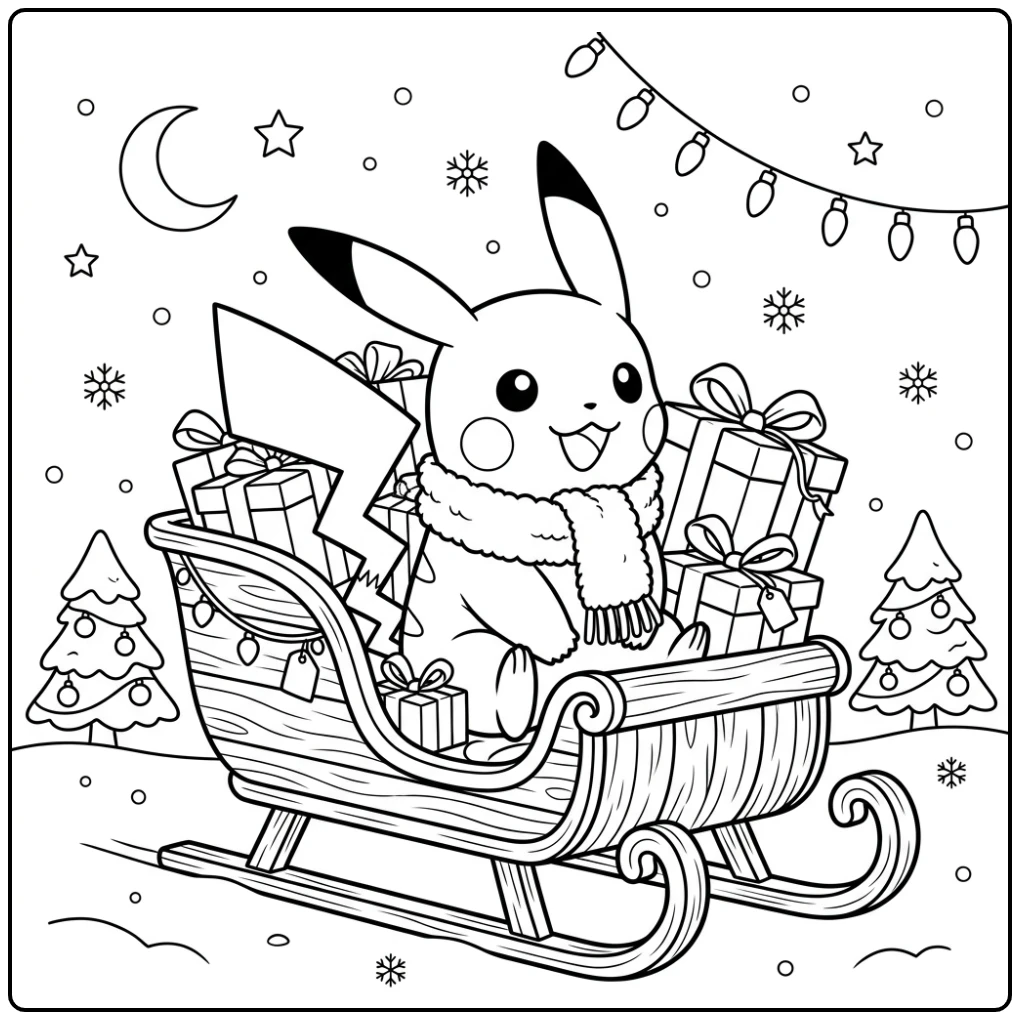 Cute Pikachu in a Wooden Christmas Sleigh coloring page