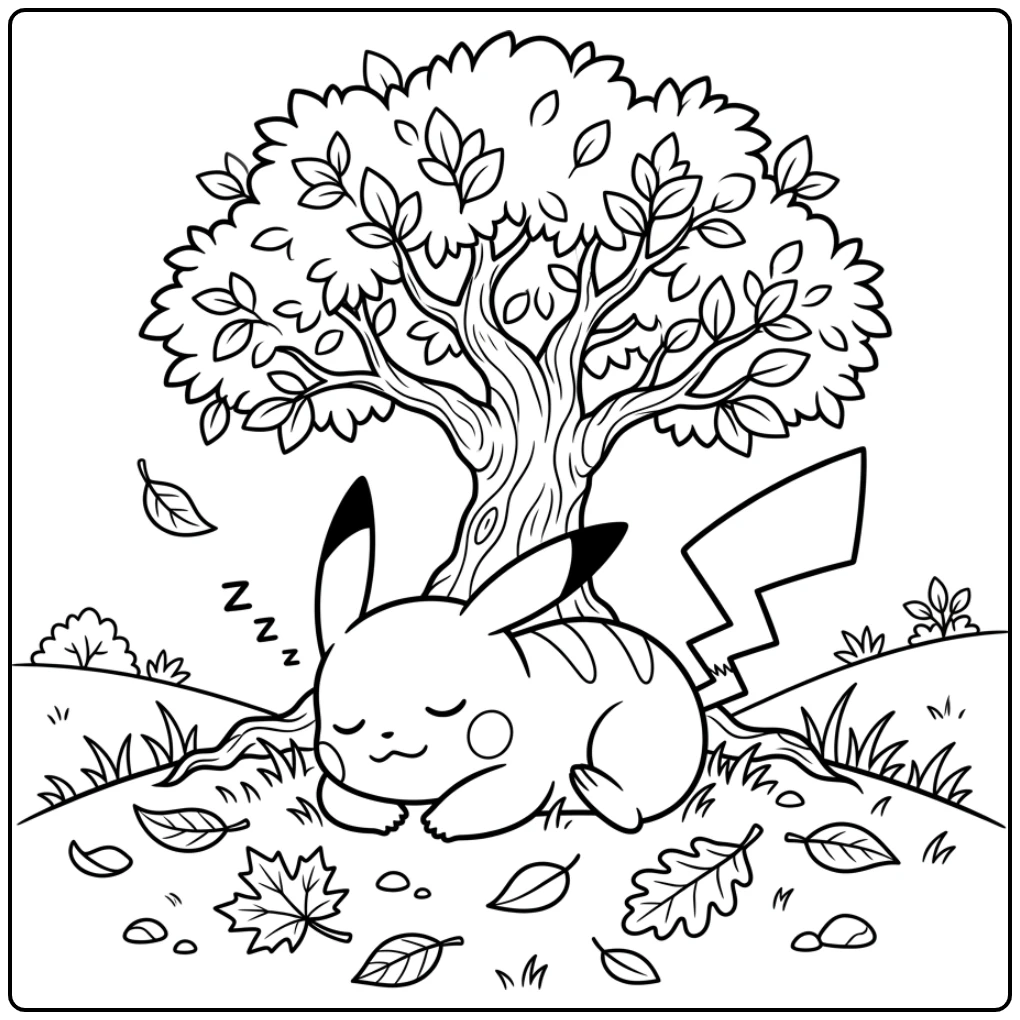 Cute Pikachu Resting Under a Small Tree coloring page