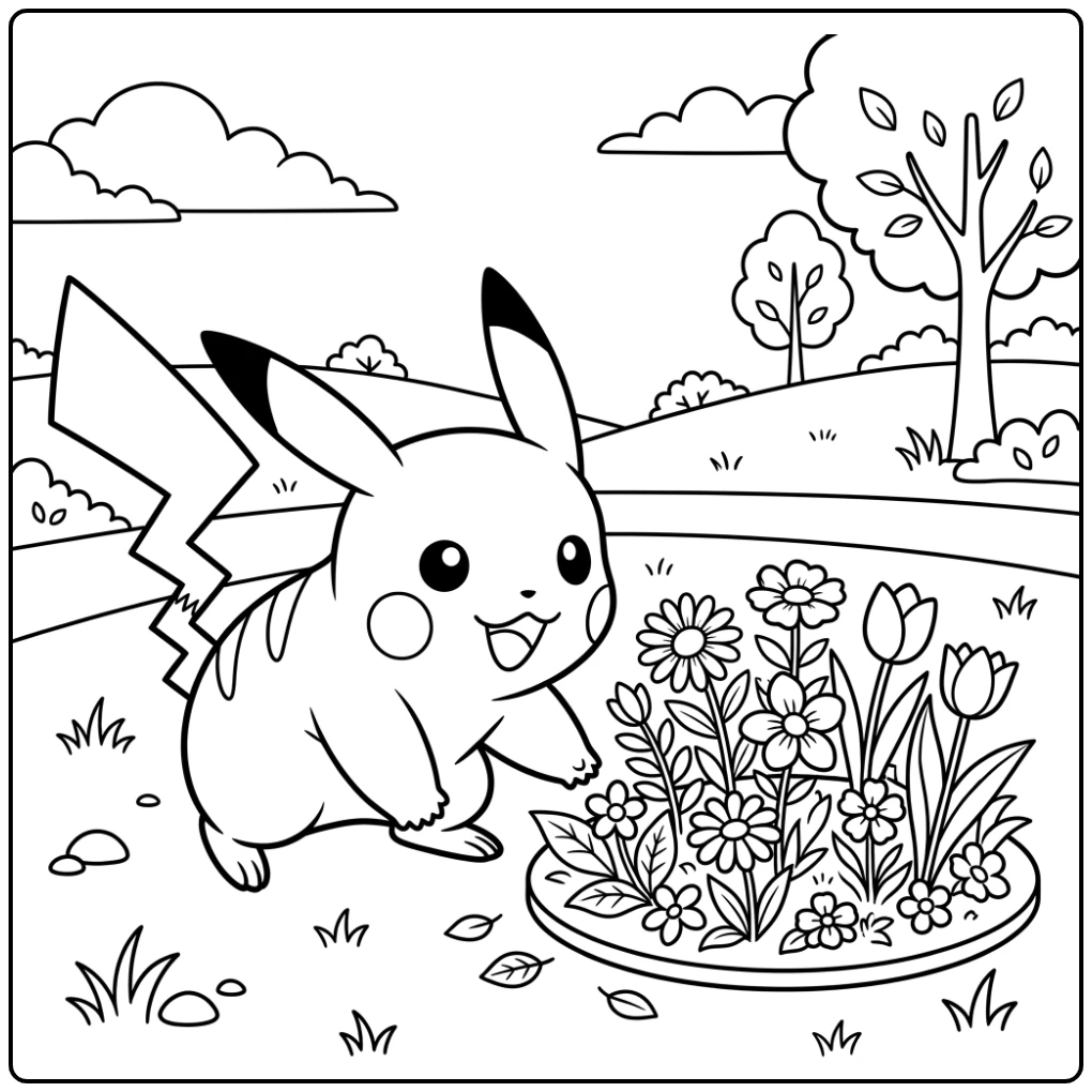 Cute Pikachu Next to a Flower Bed coloring page