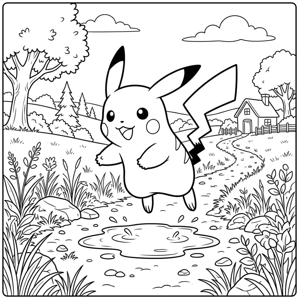 Cute Pikachu Jumping Over a Puddle coloring page