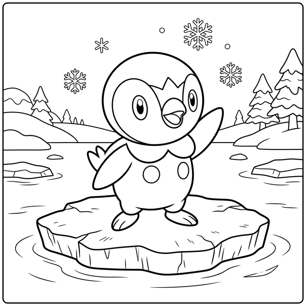 Easy Pokemon with Cute Waving Piplup coloring page
