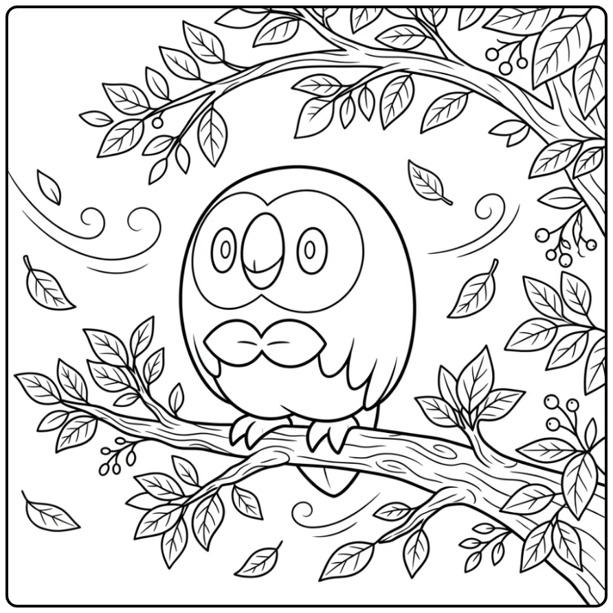 Rowlet Pokemon Cute on Tree Branch coloring page