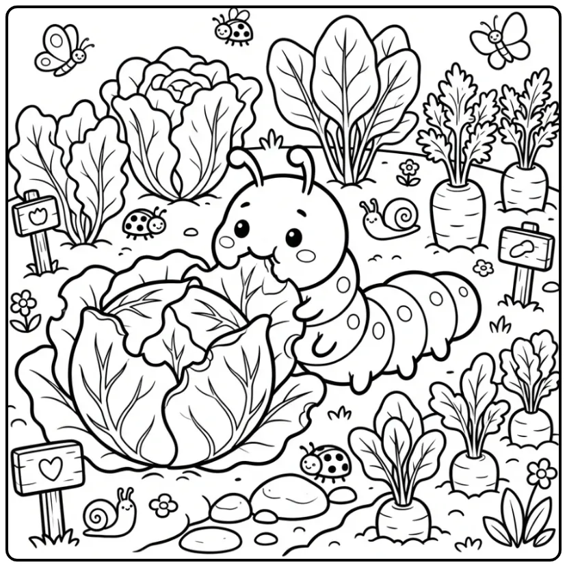 Cute Caterpillar in the Vegetable Garden coloring page