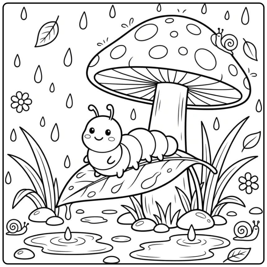Cute Caterpillar in the Rain coloring page