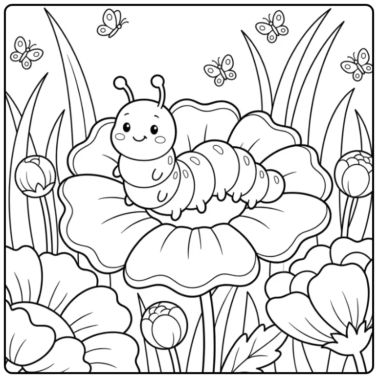 Cute Caterpillar on a Flower coloring page